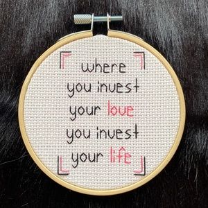 Handmade Mumford & Sons 4-inch Wooden-Framed Cross Stitch with Pink Felt Backing